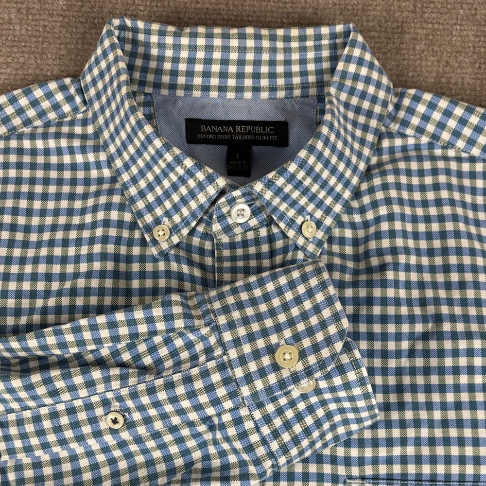 Banana Republic Men's Oxford Slim Fit Blue & White Check Button Down Shirt Large